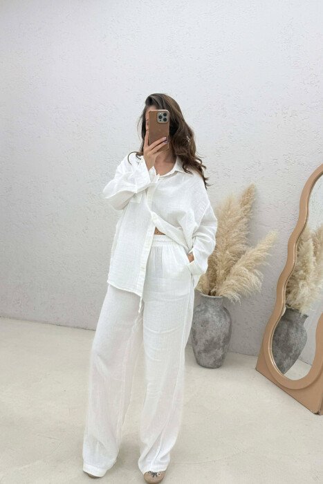 LINEN BLEND SHIRT + TROUSERS WOMAN SET WHITE-E BARDHE - 3