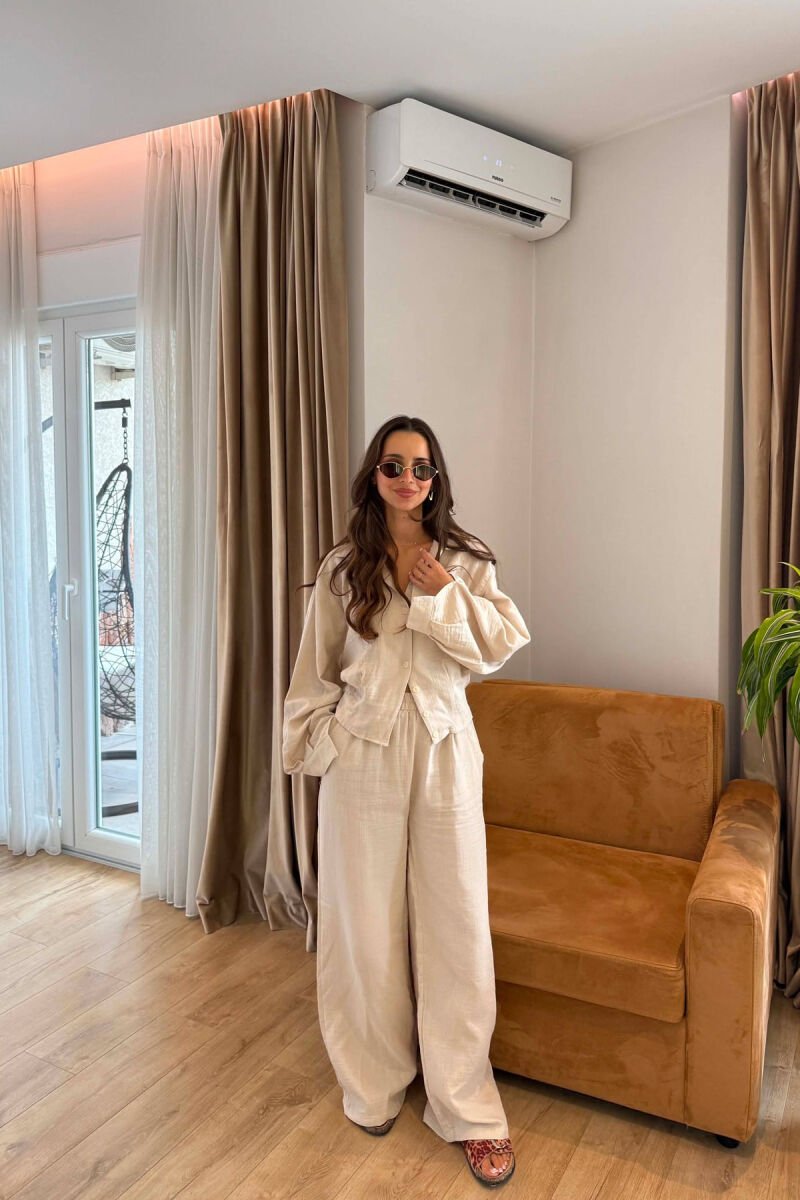 LINEN BLEND SHIRT + WIDE LEG TROUSERS WOMAN SET BEIGE/BEZHE - 1