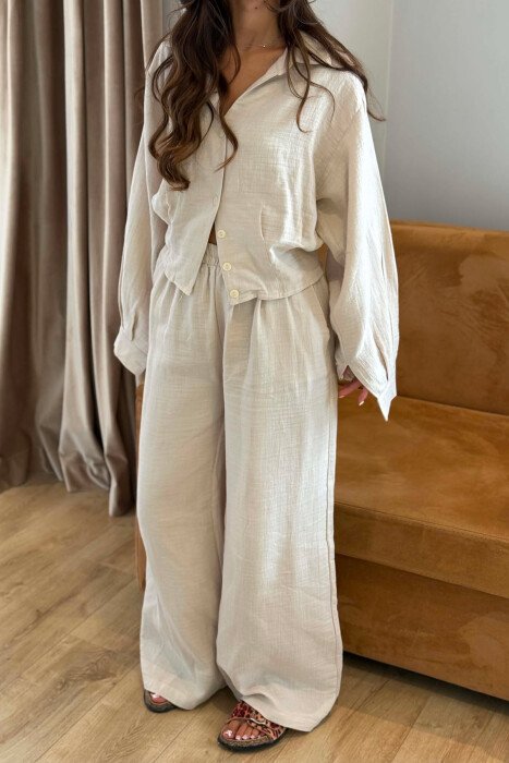 LINEN BLEND SHIRT + WIDE LEG TROUSERS WOMAN SET BEIGE/BEZHE - 2