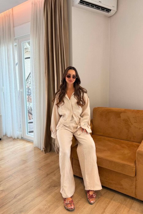 LINEN BLEND SHIRT + WIDE LEG TROUSERS WOMAN SET BEIGE/BEZHE - 3