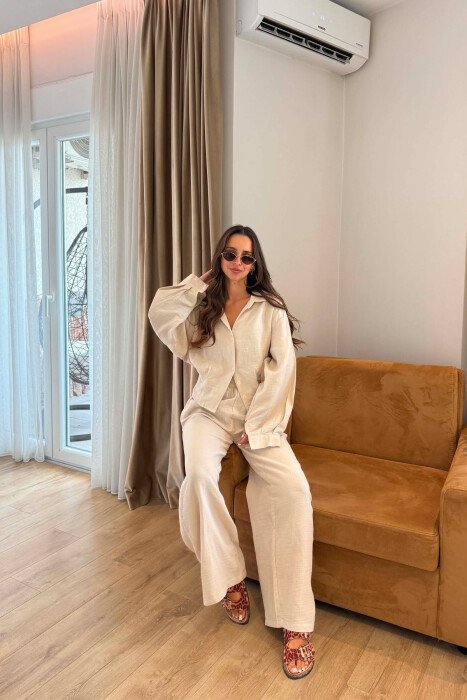 LINEN BLEND SHIRT + WIDE LEG TROUSERS WOMAN SET BEIGE/BEZHE - 6
