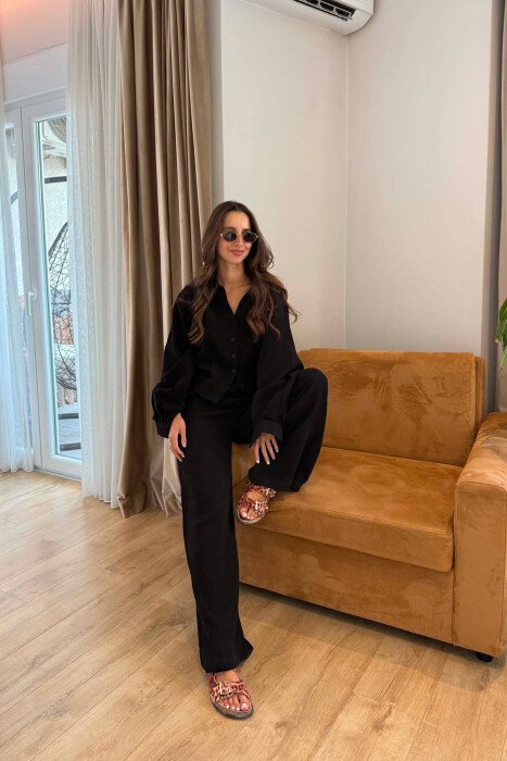 LINEN BLEND SHIRT + WIDE LEG TROUSERS WOMAN SET BLACK/ E ZEZE - 3