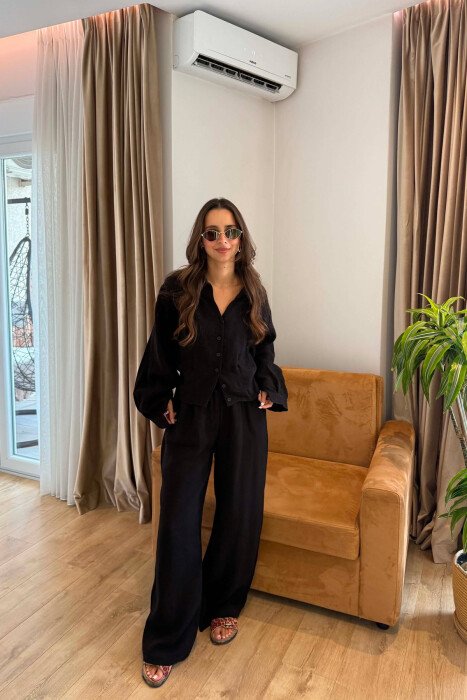 LINEN BLEND SHIRT + WIDE LEG TROUSERS WOMAN SET BLACK/ E ZEZE - 4