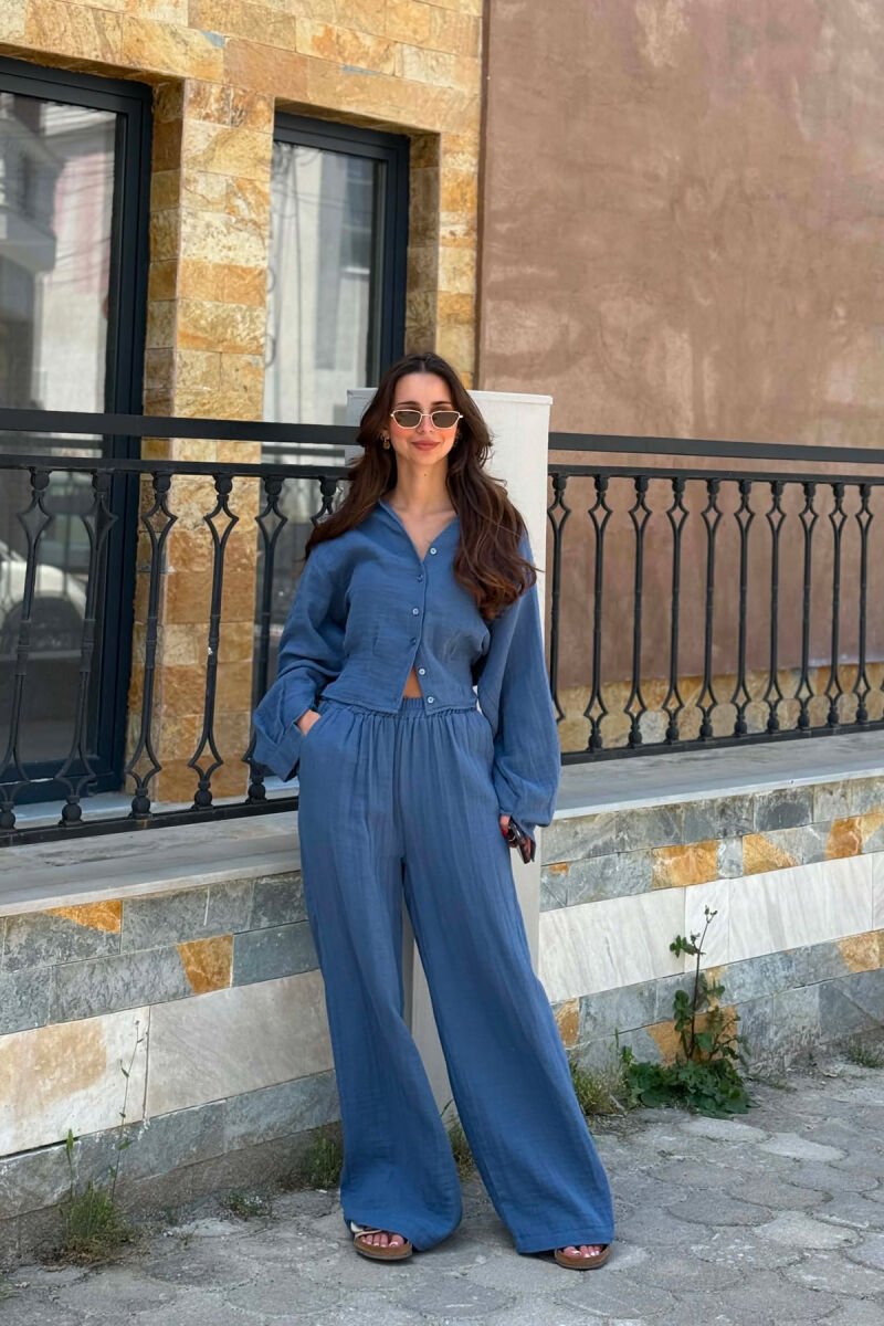 LINEN BLEND SHIRT + WIDE LEG TROUSERS WOMAN SET BLUE/BLU - 1