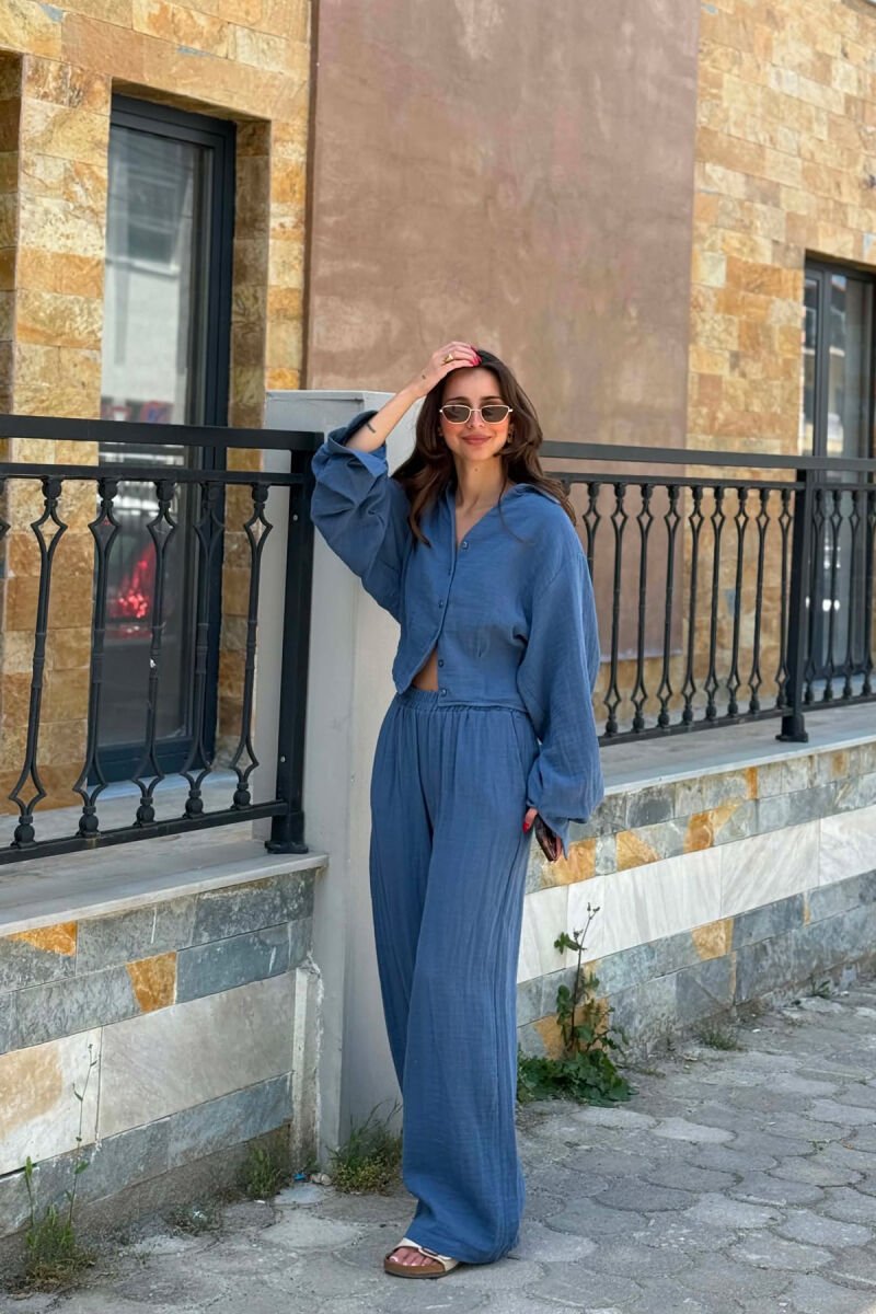 LINEN BLEND SHIRT + WIDE LEG TROUSERS WOMAN SET BLUE/BLU - 2