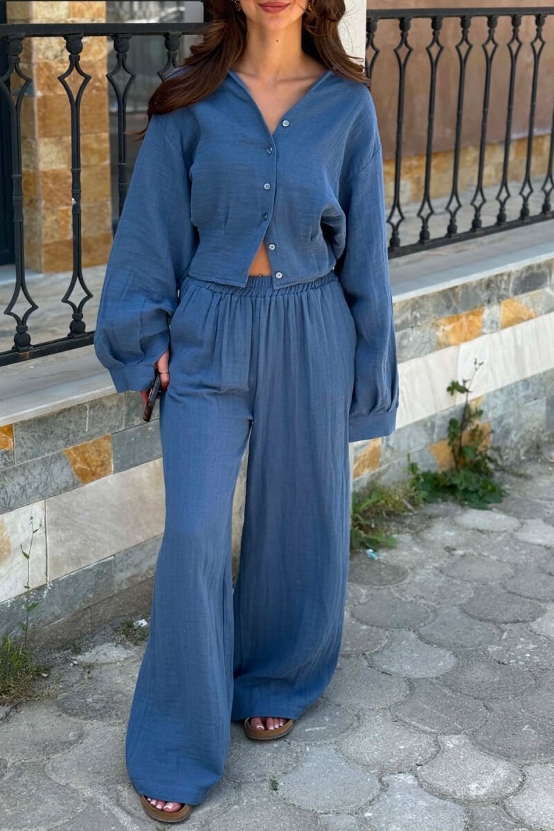 LINEN BLEND SHIRT + WIDE LEG TROUSERS WOMAN SET BLUE/BLU - 4
