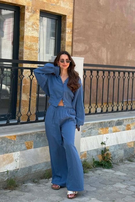 LINEN BLEND SHIRT + WIDE LEG TROUSERS WOMAN SET BLUE/BLU - 6