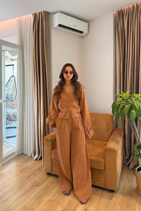 SET LINO KEMISHE + PANTALLONA TE GJERA PER FEMRA NE NGJYRE KAFE 