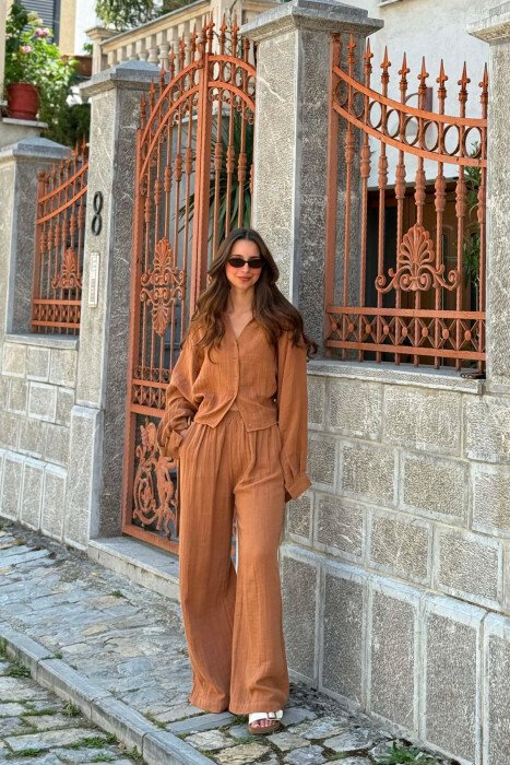 LINEN BLEND SHIRT + WIDE LEG TROUSERS WOMAN SET BROWN/KAFE - 1