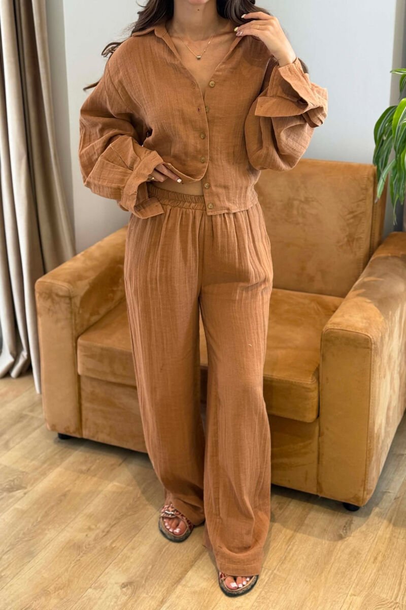 LINEN BLEND SHIRT + WIDE LEG TROUSERS WOMAN SET BROWN/KAFE - 4