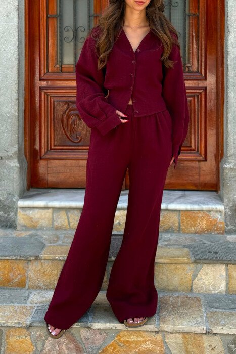 LINEN BLEND SHIRT + WIDE LEG TROUSERS WOMAN SET BURGUNDY/VISHNJE - 6