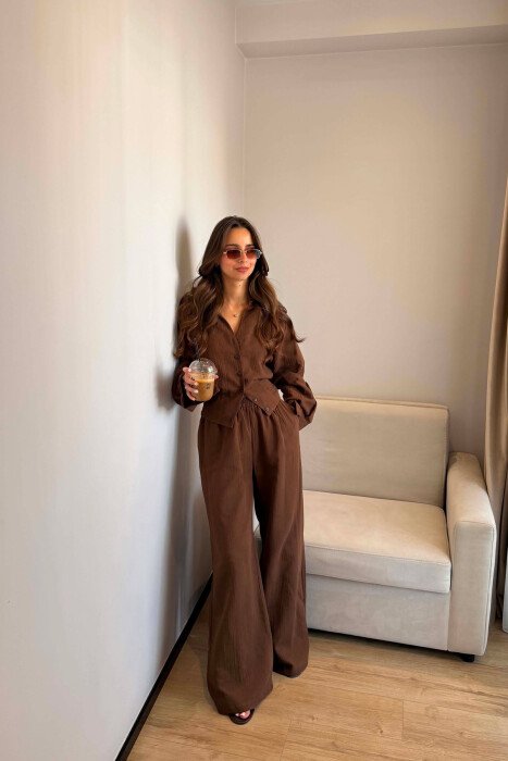 LINEN BLEND SHIRT + WIDE LEG TROUSERS WOMAN SET DARK BROWN/KAE 