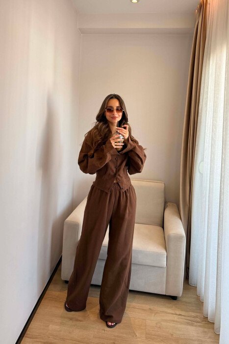 LINEN BLEND SHIRT + WIDE LEG TROUSERS WOMAN SET DARK BROWN/KAE - 2