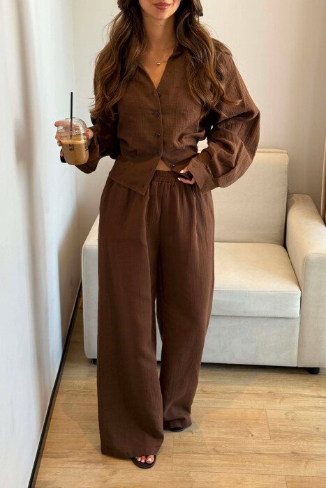 LINEN BLEND SHIRT + WIDE LEG TROUSERS WOMAN SET DARK BROWN/KAE - 4
