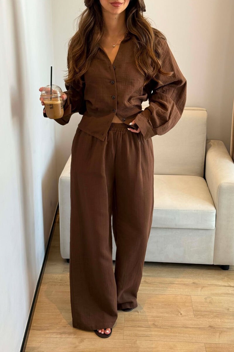 LINEN BLEND SHIRT + WIDE LEG TROUSERS WOMAN SET DARK BROWN/KAE - 4