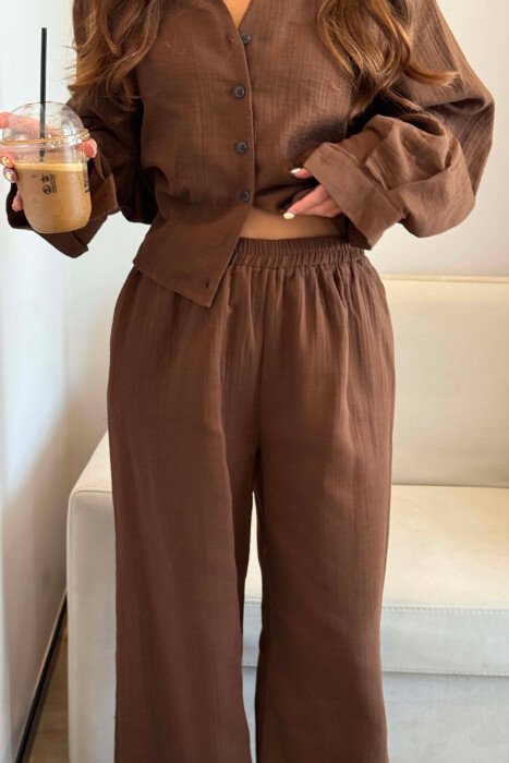 LINEN BLEND SHIRT + WIDE LEG TROUSERS WOMAN SET DARK BROWN/KAE - 5