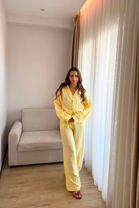 LINEN BLEND SHIRT + WIDE LEG TROUSERS WOMAN SET LEMON/ LIMON - 4