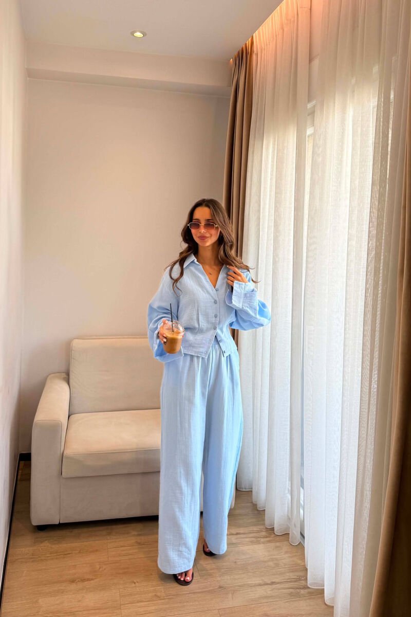 LINEN BLEND SHIRT + WIDE LEG TROUSERS WOMAN SET LIGHTBLUE/BZ - 2