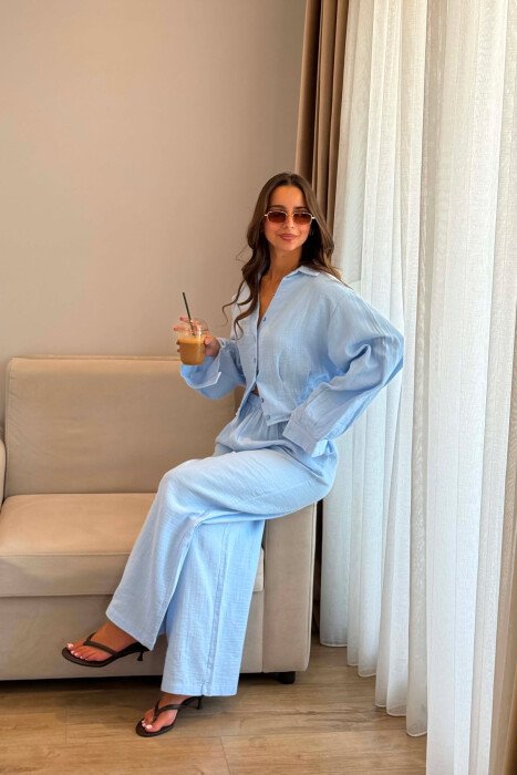 LINEN BLEND SHIRT + WIDE LEG TROUSERS WOMAN SET LIGHTBLUE/BZ - 4