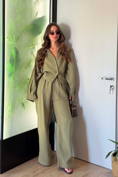LINEN BLEND SHIRT + WIDE LEG TROUSERS WOMAN SET OLIVE/ULLI 