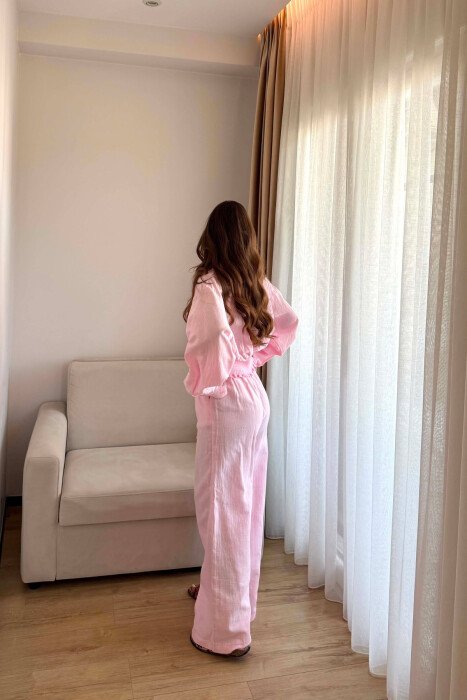 LINEN BLEND SHIRT + WIDE LEG TROUSERS WOMAN SET PINK/ROZE - 3