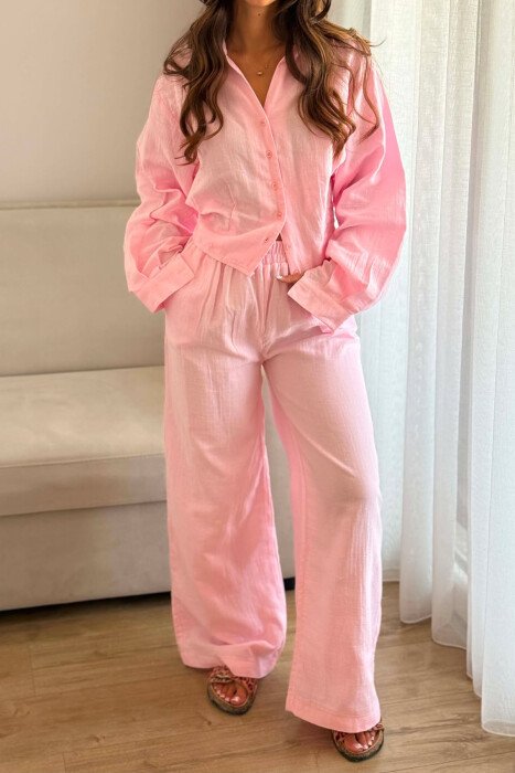 LINEN BLEND SHIRT + WIDE LEG TROUSERS WOMAN SET PINK/ROZE - 5