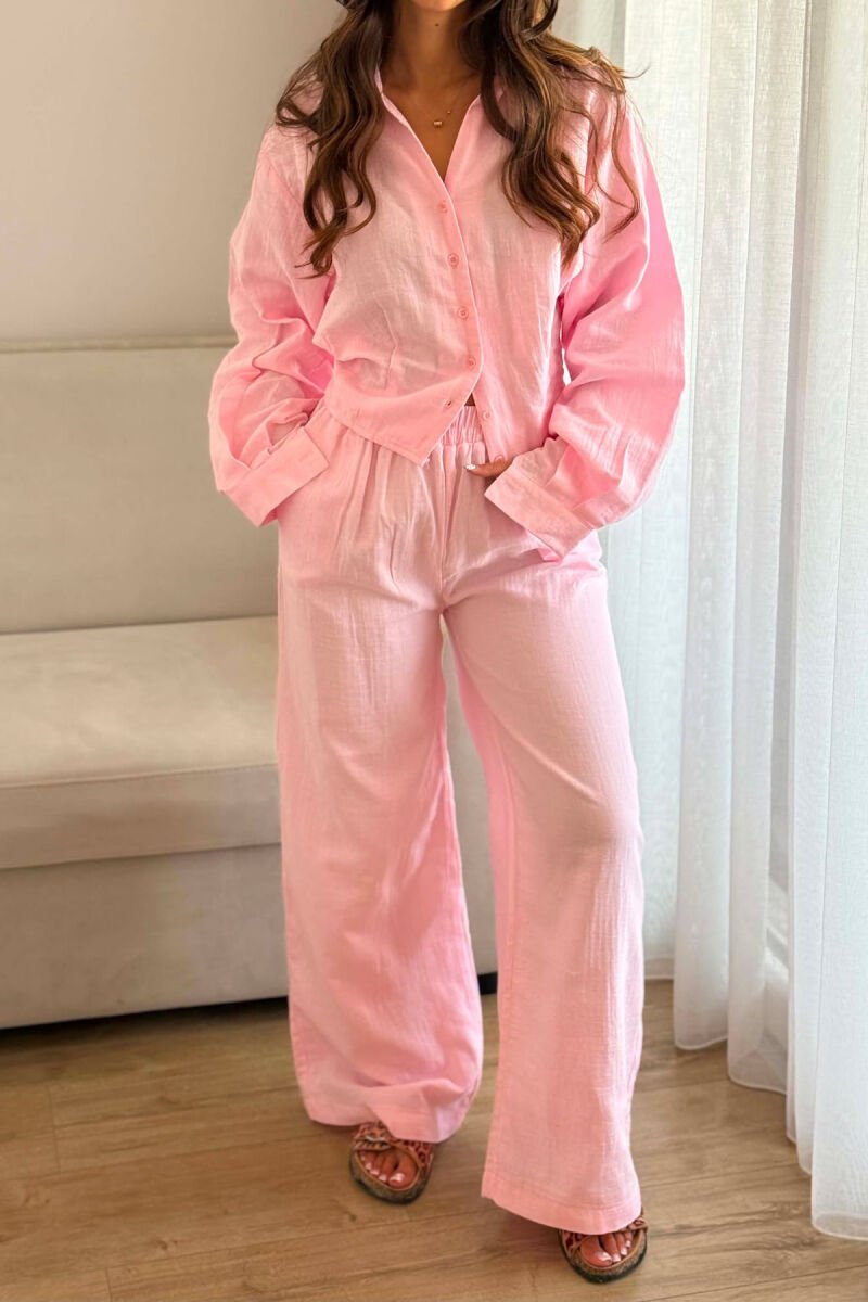 LINEN BLEND SHIRT + WIDE LEG TROUSERS WOMAN SET PINK/ROZE - 5