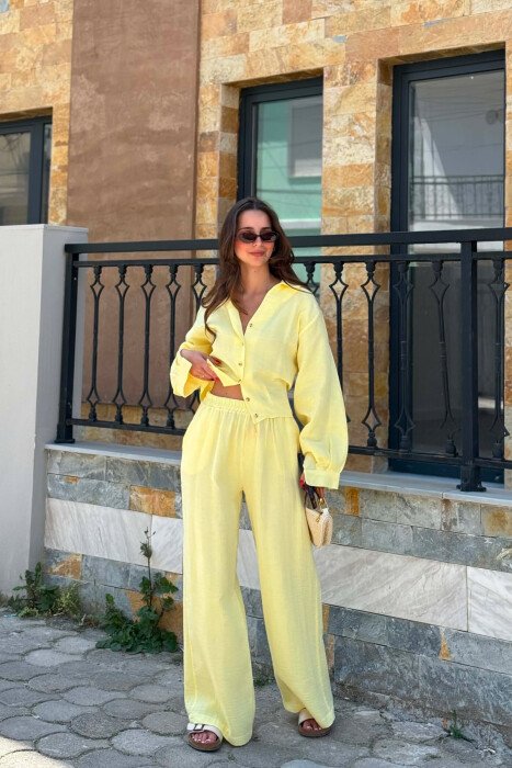 LINEN BLEND SHIRT + WIDE LEG TROUSERS WOMAN SET YELLOW/E VERDHE - 1