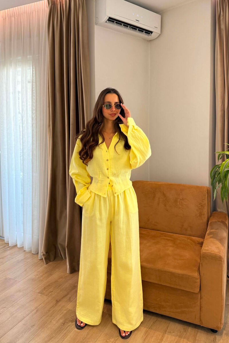LINEN BLEND SHIRT + WIDE LEG TROUSERS WOMAN SET YELLOW/E VERDHE - 1