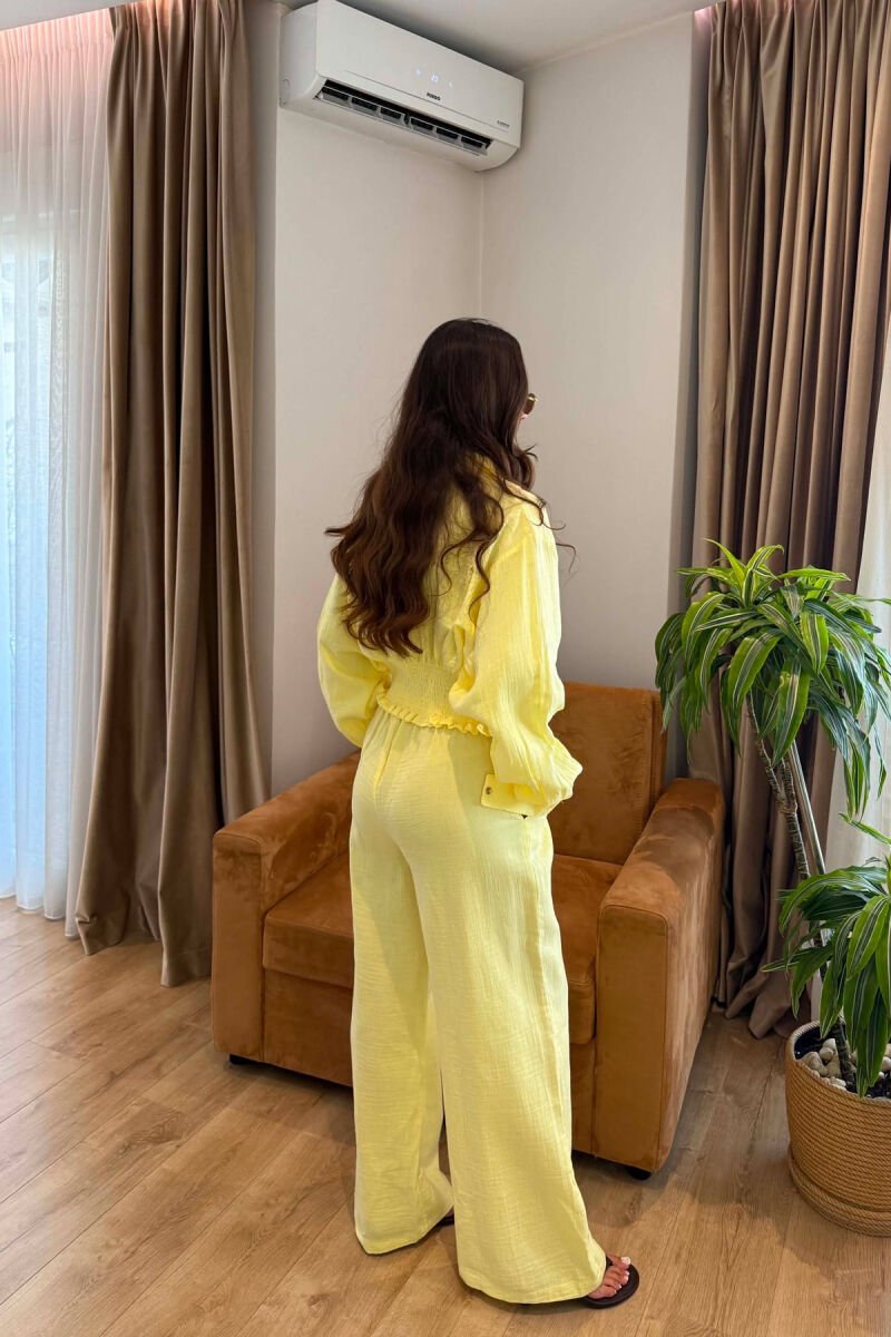 LINEN BLEND SHIRT + WIDE LEG TROUSERS WOMAN SET YELLOW/E VERDHE - 2