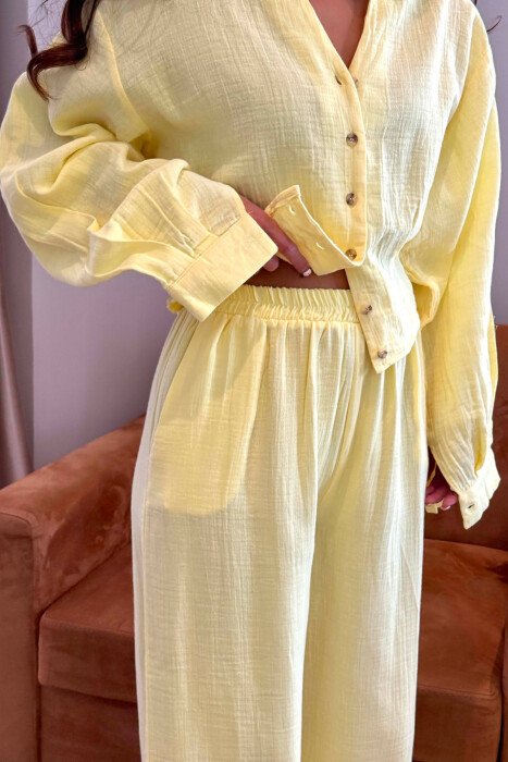 LINEN BLEND SHIRT + WIDE LEG TROUSERS WOMAN SET YELLOW/E VERDHE - 3