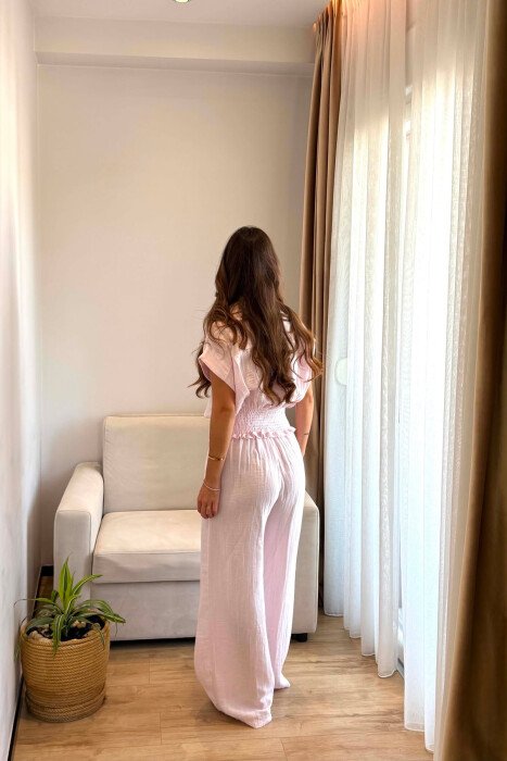 LINEN BLEND SLEEVELESS SHIRT + TROUSERS WOMAN SET BABY PINK/ROZB - 2