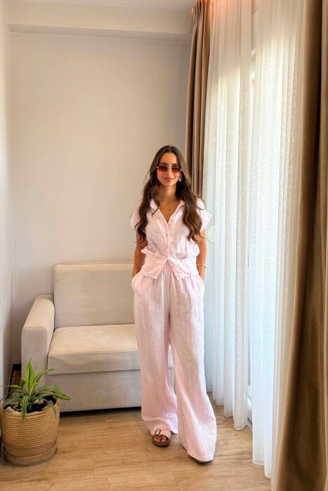 LINEN BLEND SLEEVELESS SHIRT + TROUSERS WOMAN SET BABY PINK/ROZB - 3