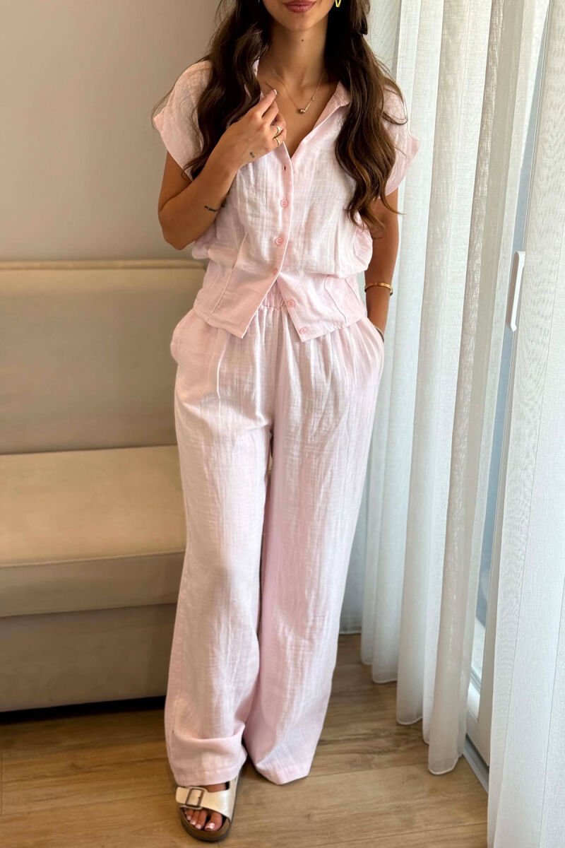 LINEN BLEND SLEEVELESS SHIRT + TROUSERS WOMAN SET BABY PINK/ROZB - 4