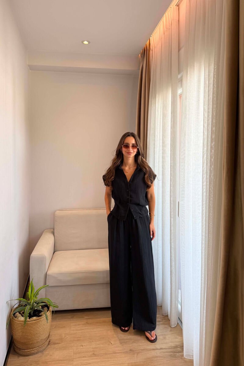 LINEN BLEND SLEEVELESS SHIRT + TROUSERS WOMAN SET BLACK/ E ZEZE - 1