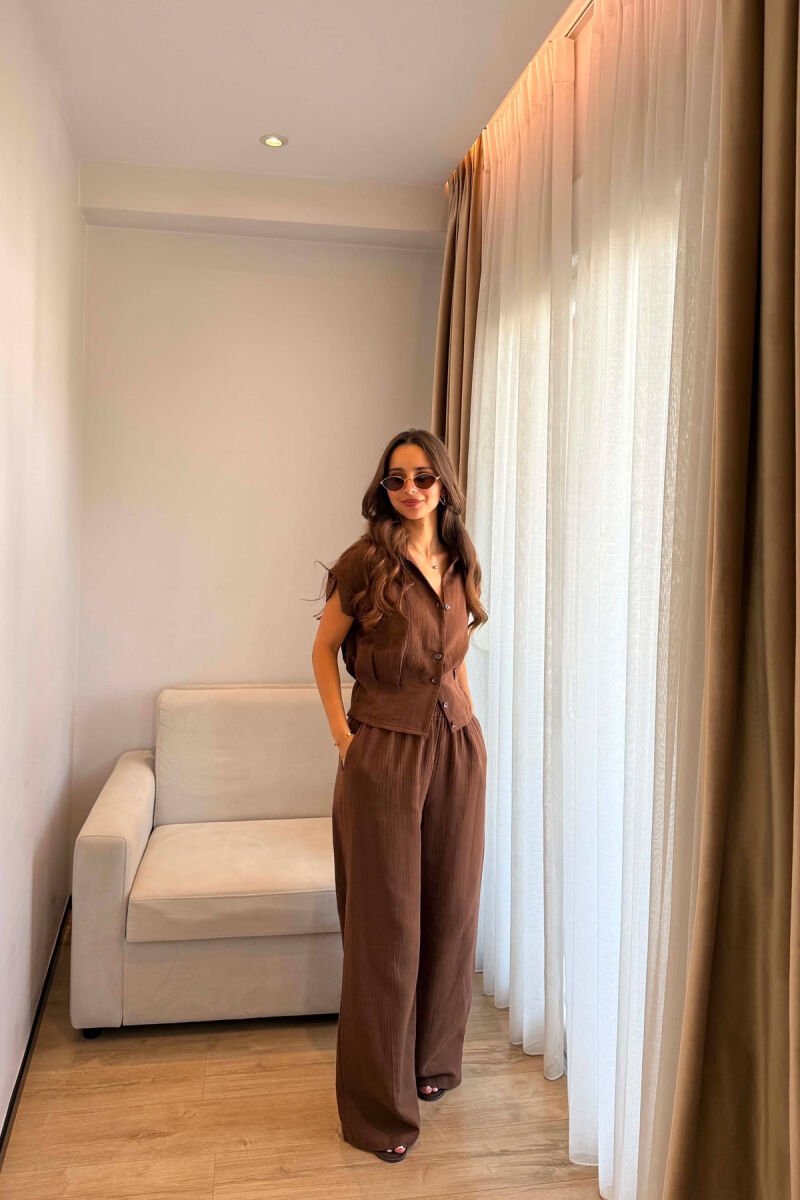 LINEN BLEND SLEEVELESS SHIRT + TROUSERS WOMAN SET BROWN/KAFE - 1