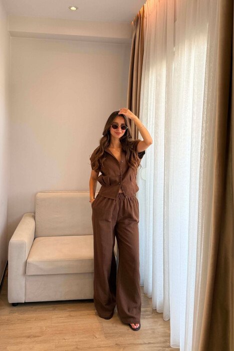 LINEN BLEND SLEEVELESS SHIRT + TROUSERS WOMAN SET BROWN/KAFE - 2