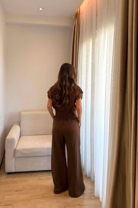LINEN BLEND SLEEVELESS SHIRT + TROUSERS WOMAN SET BROWN/KAFE - 5