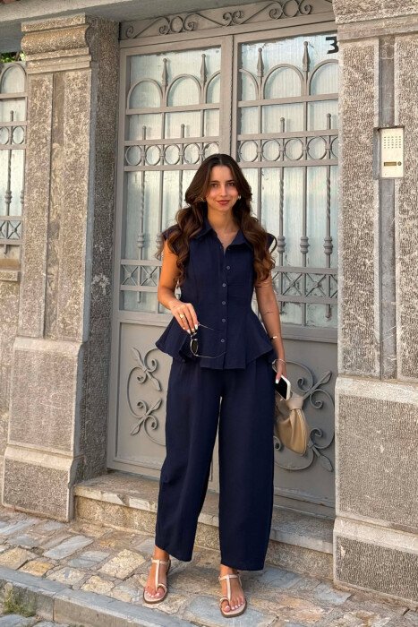 LINEN BLEND SLEEVELESS SHIRT+ TROUSERS WOMAN SET DARK BLUE/BEE - KLAUDIO FASHION