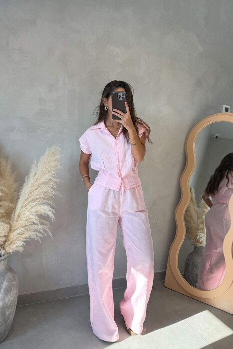 LINEN BLEND SLEEVELESS SHIRT + TROUSERS WOMAN SET PINK/ROZE 
