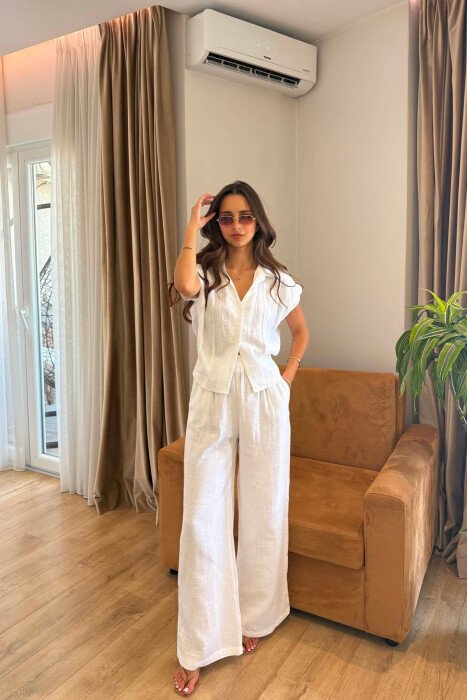 LINEN BLEND SLEEVELESS SHIRT + TROUSERS WOMAN SET WHITE-E BARDHE - 2