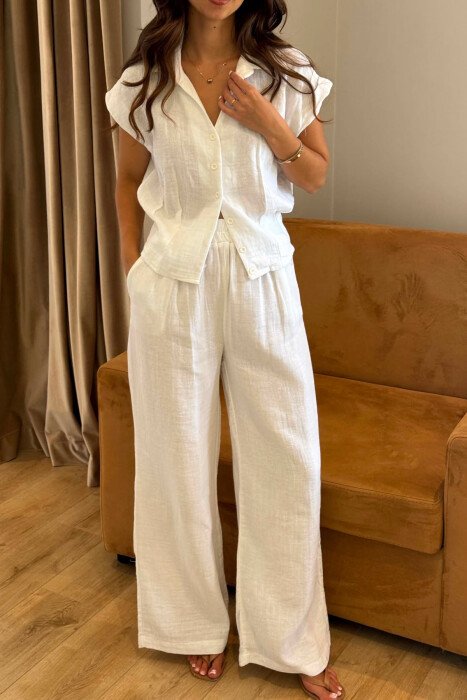 LINEN BLEND SLEEVELESS SHIRT + TROUSERS WOMAN SET WHITE-E BARDHE - 4