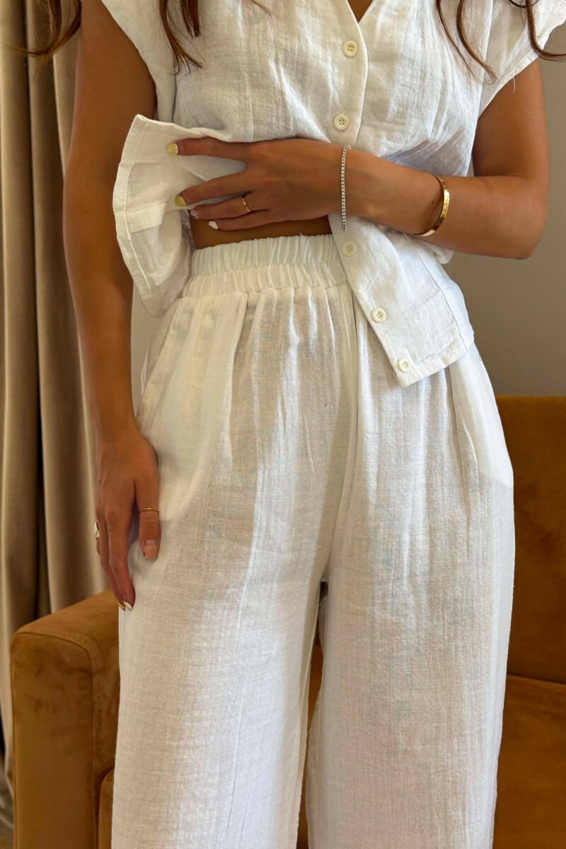 LINEN BLEND SLEEVELESS SHIRT + TROUSERS WOMAN SET WHITE-E BARDHE - 5