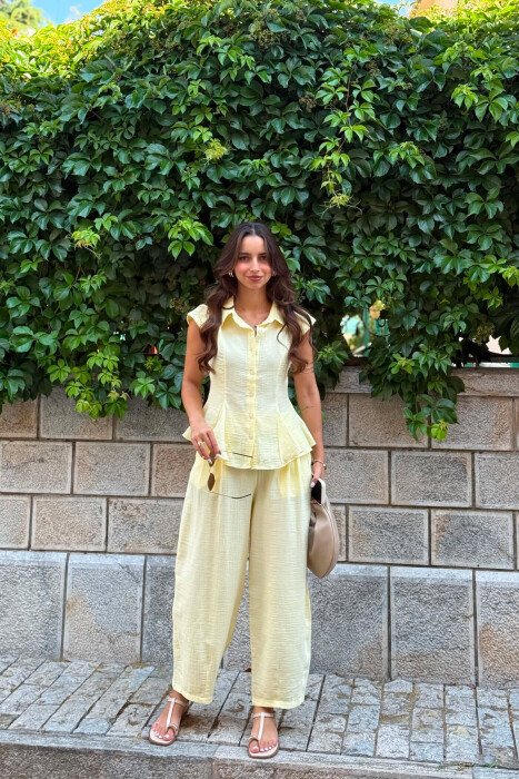 LINEN BLEND SLEEVELESS SHIRT+ TROUSERS WOMAN SET YELLOW/E VERDHE - KLAUDIO FASHION