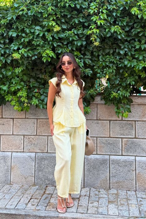 LINEN BLEND SLEEVELESS SHIRT+ TROUSERS WOMAN SET YELLOW/E VERDHE - 3