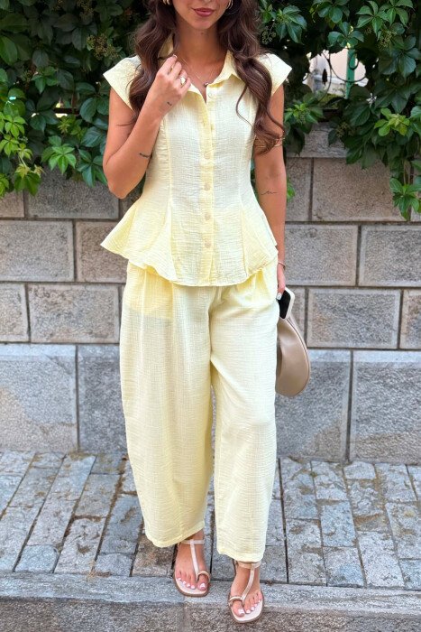 LINEN BLEND SLEEVELESS SHIRT+ TROUSERS WOMAN SET YELLOW/E VERDHE - 4