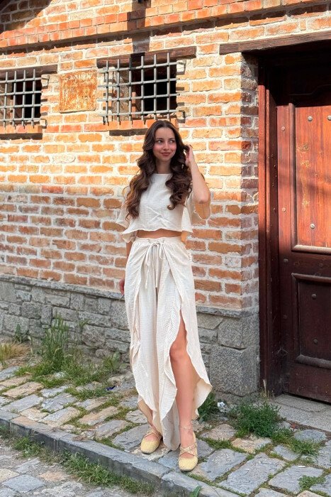 LINEN BLEND T-SHIRT + BALLON WOMAN SET BEIGE/BEZHE - 1