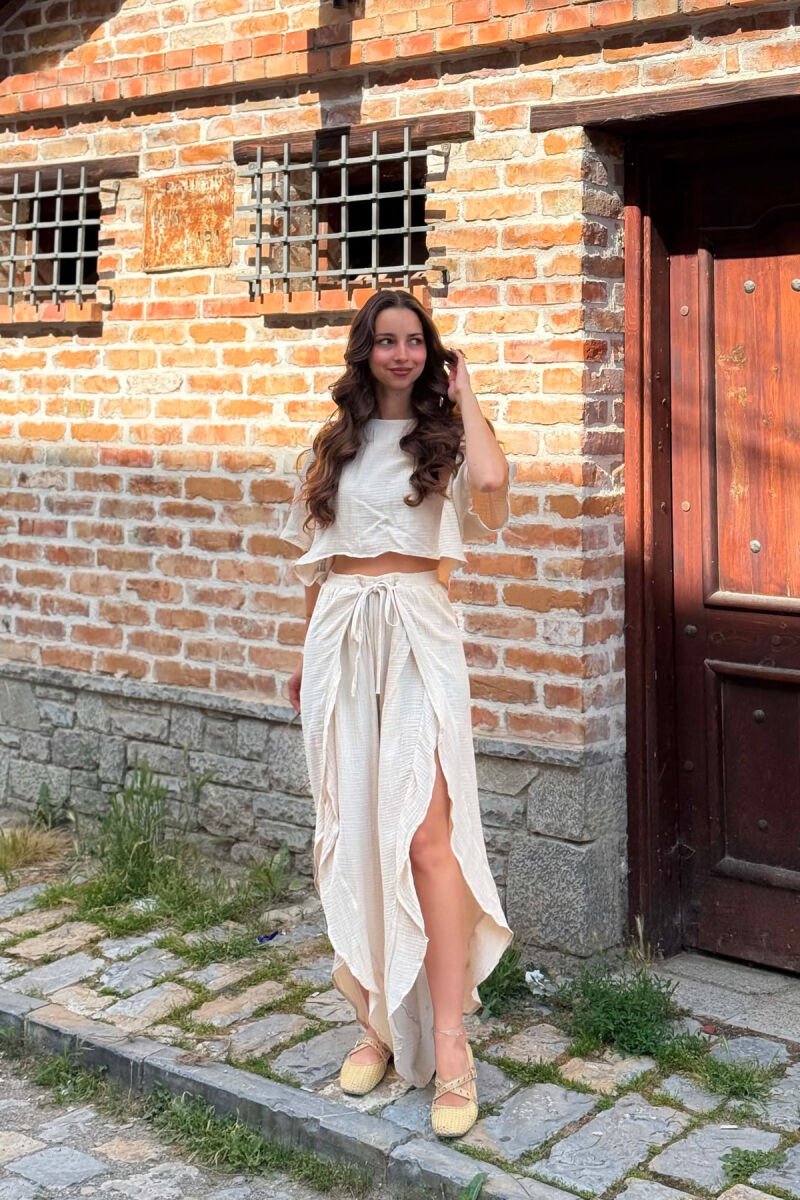 LINEN BLEND T-SHIRT + BALLON WOMAN SET BEIGE/BEZHE - 1