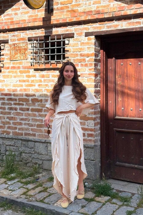 LINEN BLEND T-SHIRT + BALLON WOMAN SET BEIGE/BEZHE - 2