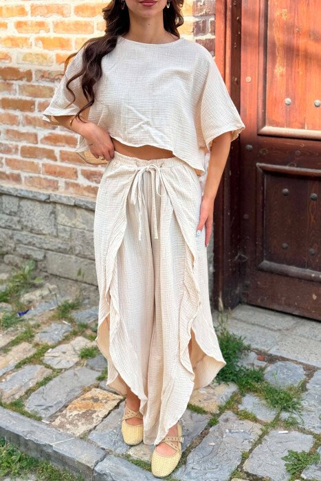 LINEN BLEND T-SHIRT + BALLON WOMAN SET BEIGE/BEZHE - 4